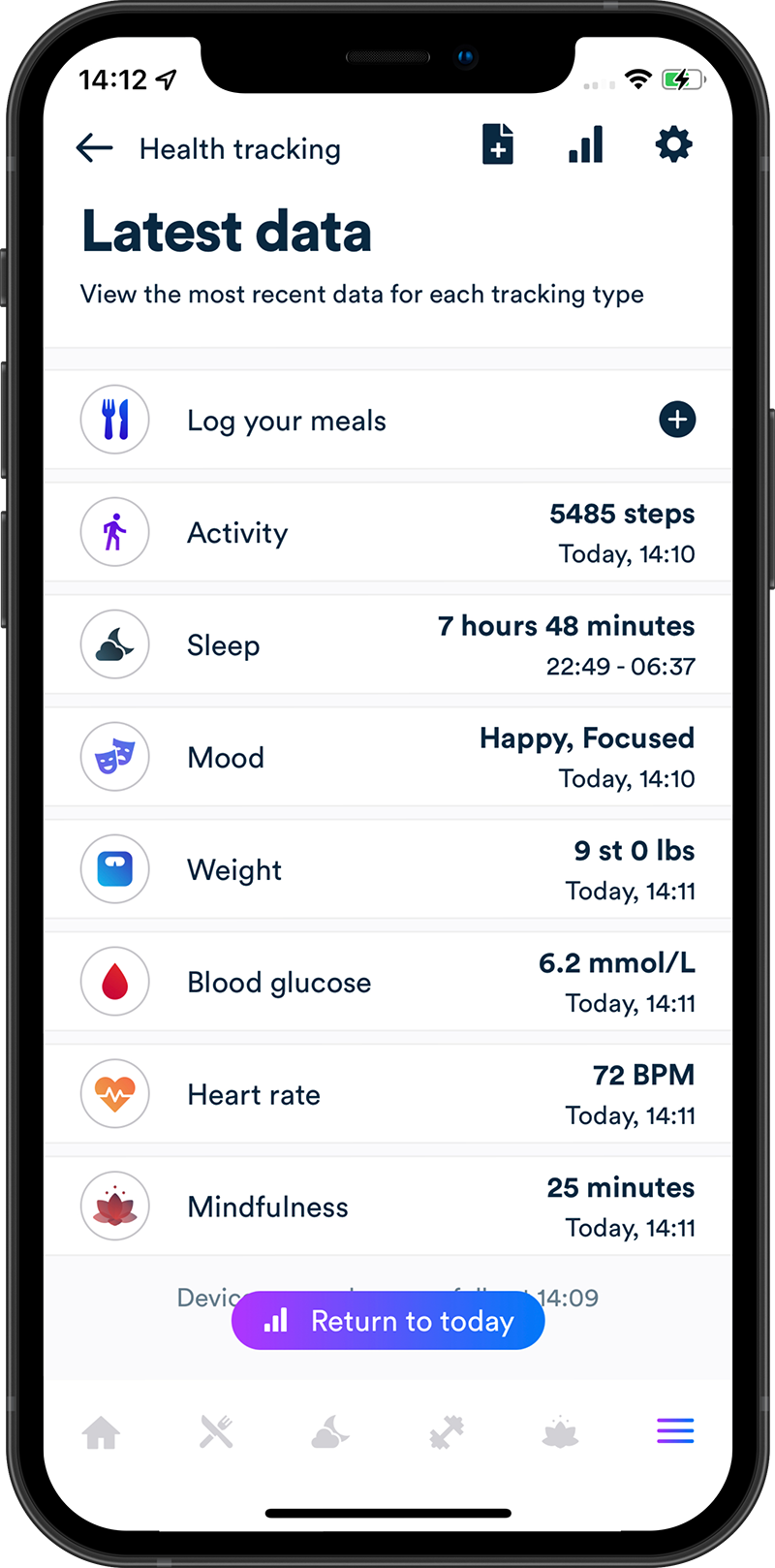 Health tracking area in Gro